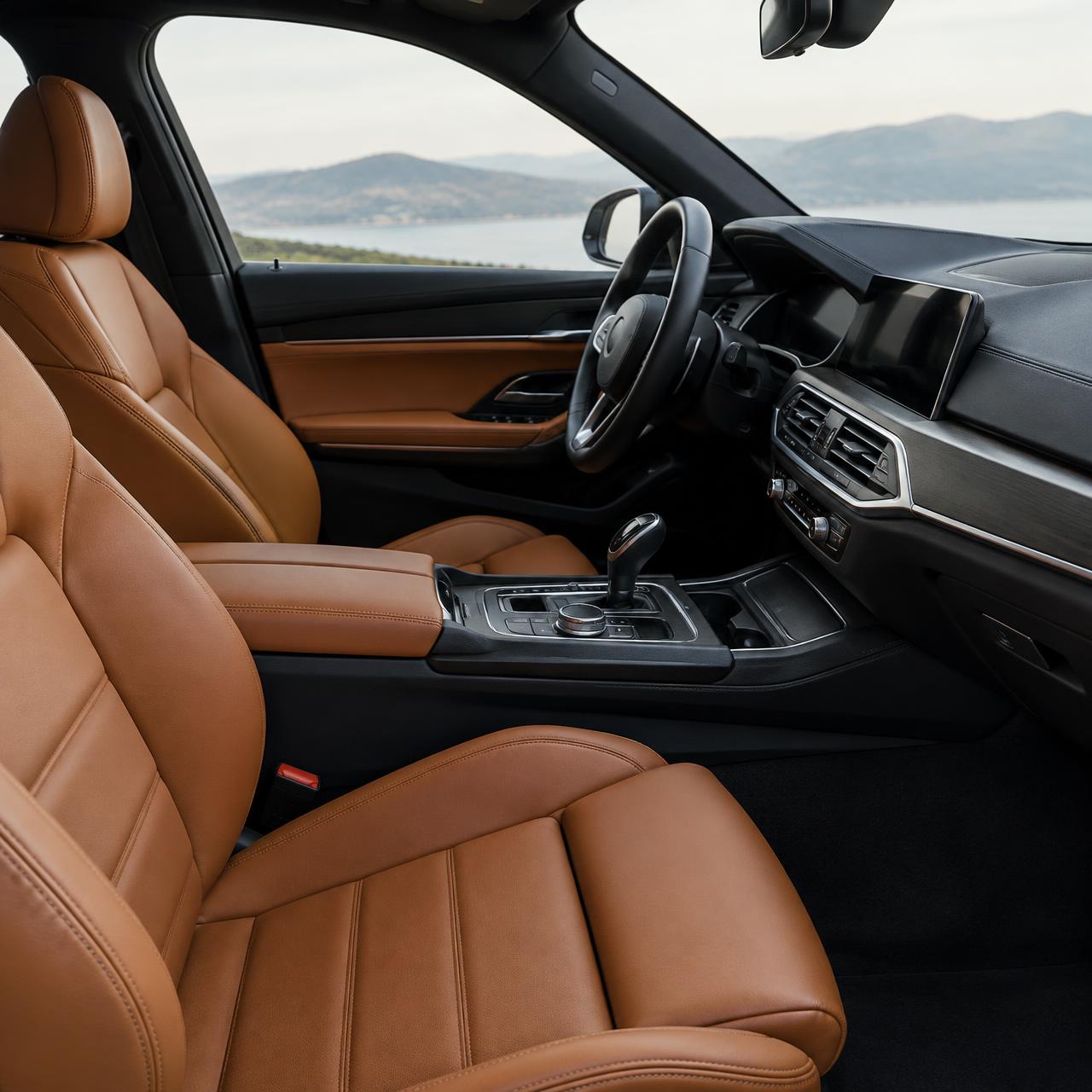 Immaculate cognac leather interior of a luxury vehicle