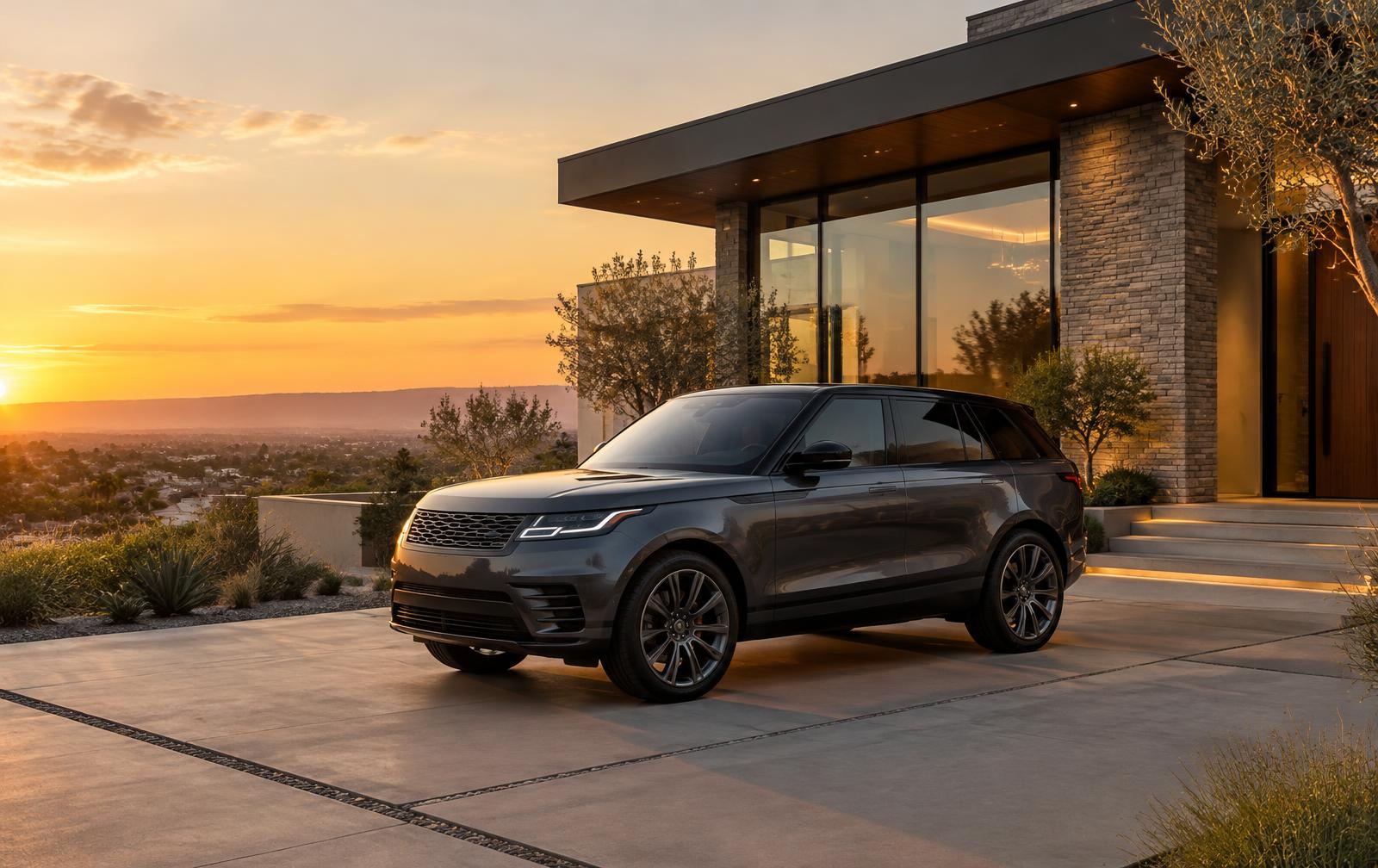 Dark luxury SUV in the driveway of a modern Irvine-style residence at golden hour